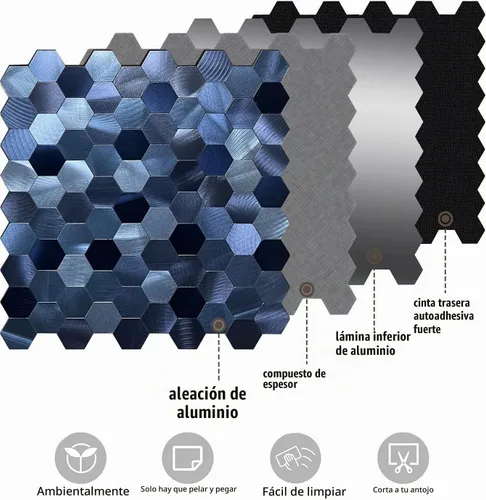 Vista 3 de XUANINY 10 azulejos de respaldo de metal para despegar y pegar, adhesivo de mosaico de aluminio para decoración de pared de cocina, diseño hexagonal