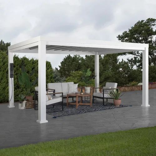 Vista 2 de Backyard Discovery Windham - Kit moderno de pérgola de acero galvanizado de 14 x 10 pies con toldo tipo vela, durabilidad para todas las estaciones