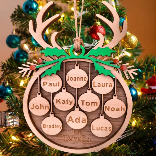 Personalized 2025 Christmas Ornaments, Customize 1-10 Names Christmas tree decoration Laser Engraved Names, Comes with a rope (5 Names, Antlers +