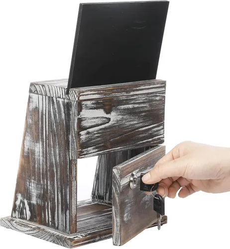 Vista 6 de MyGift Caja rústica para colección, comentarios, sugerencias y donaciones con panel frontal de acrílico transparente, cerradura, 2 llaves, letrero
