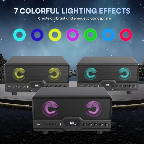 Vista 5 de RHM Máquina de karaoke L268, se conecta a la televisión a través de HDMI y óptica, soporta 4 micrófonos y conexión Bluetooth, con agudos y graves