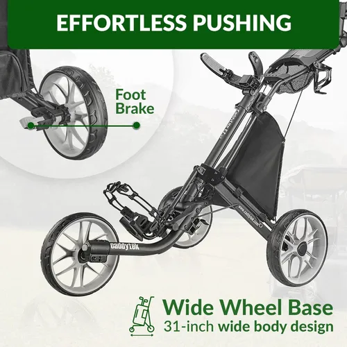 Vista 4 de CaddyTek - Carrito de 3 ruedas de golf para empujar, plegable, ligero, con freno de pie, fácil de abrir y cerrar