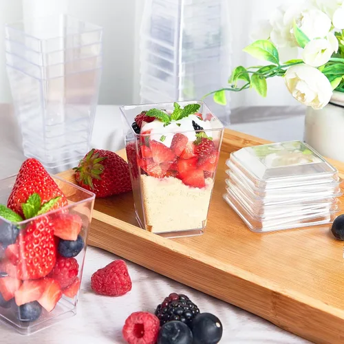 Vista 6 de TOFLEN Paquete de 100 Tazas de Postre de Plástico de 5 oz con Tapas para Fiestas, Mini Tazas de Postre con Cucharas Tazas Shooter de Postre