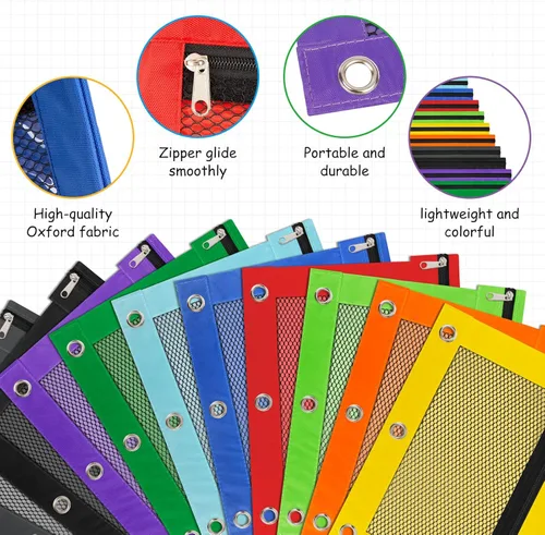 Vista 4 de Paquete de 20 bolsas para lápices para carpetas de 3 anillos con cremallera, bolsas para lápices para aula, bolsa a granel para lápices, estuche