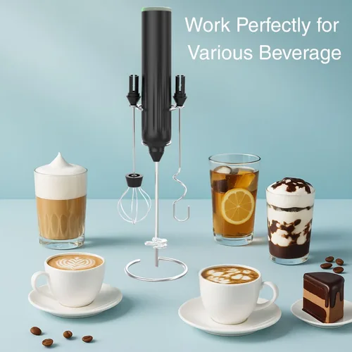 Vista 2 de Espumador de leche de mano, recargable de 3 velocidades, batidor de bebida con 3 cabezales de acero inoxidable, batidor eléctrico USB C para café