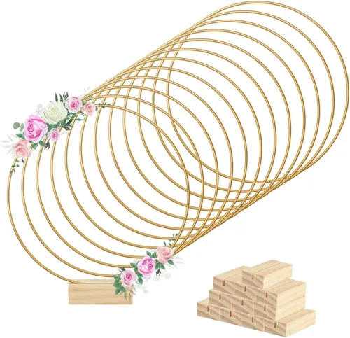 Vista 11 de BOUBONI 5 piezas de centro de mesa de aro floral de metal de 8 pulgadas con 5 soportes de madera para mesa de corona de metal soporte para centro