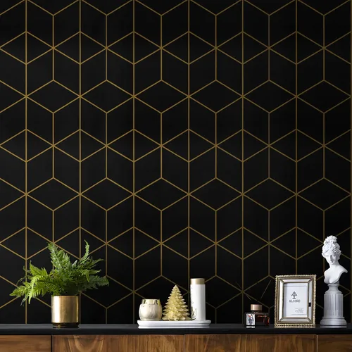 Safiyya Papel tapiz geométrico dorado y negro de 118" x 17.3" Papel de contacto geométrico despegar y pegar Papel tapiz removible autoadhesivo para
