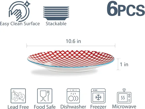 Vista 12 de ONEMORE - Juego de 6 platos de cena coloridos, platos de ensalada de porcelana de 10.5 pulgadas - Platos de cerámica grandes aptos para microondas