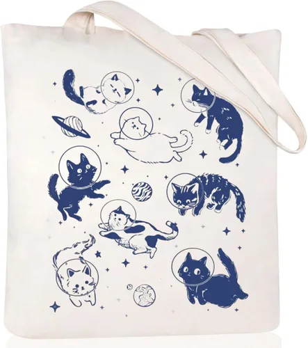 Vista 13 de Bolsa de lona estética para mujer con bolsillo interior, bolsa de hombro para libros, bolsas reutilizables para compras