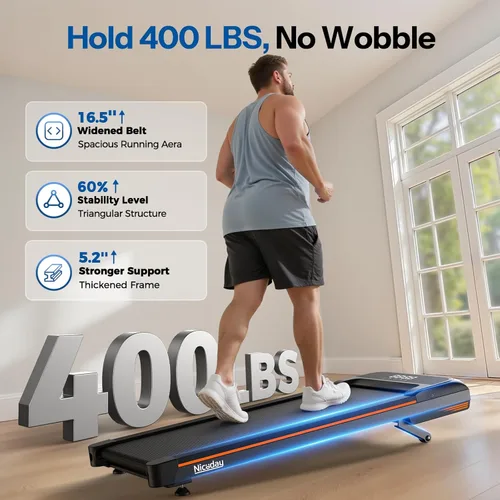 Vista 2 de Niceday Walking Pad Treadmill with 10% Auto Incline, 400lbs Capacity, Under Desk Treadmill for Home Office, 3HP Super Quiet, Magnetic Remote &