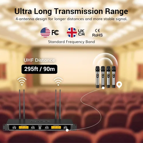 Vista 4 de TONOR Sistema de micrófonos inalámbricos con canales de 4 x 10 microfonos de mano inalámbricos de metal, 4 antenas para rango UHF de 295 pies
