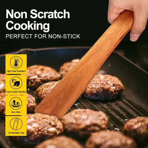 Vista 2 de Espátula Plana de Madera para Utensilios de Cocina Spurtle Herramienta de Cocina Volteador Raspador de Madera de Teca Espátulas Utensilio de Cocina