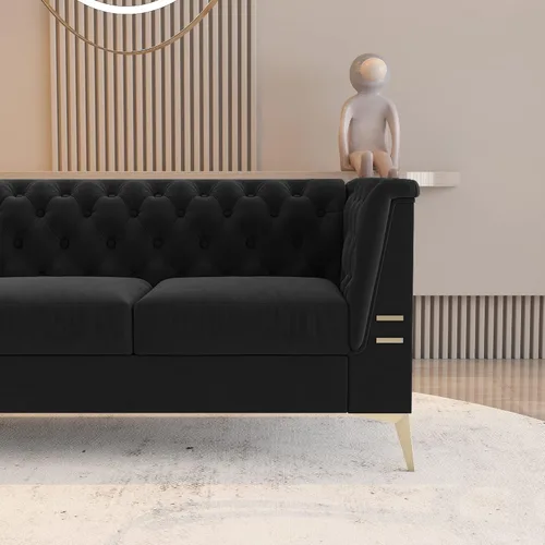 Vista 22 de Sofá moderno de terciopelo de 85.63 pulgadas con patas de metal dorado, tapizado grande de mediados de siglo, moderno, cómodo, sofás de 3 plazas