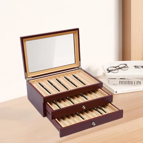 Vista 6 de 3 Layer Wood Pen Display Box, 34 Slot Wood Pen Display Organizer with Visible Glass Lid, Red Fountain Pen Storage Box for Desk, Study, Living Room