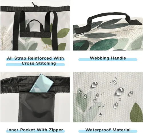 Vista 3 de Mochila de lavandería con hojas de estilo bohemio beige con correas ajustables para el hombro, bolsa de lavandería sucia para viajes, campamento