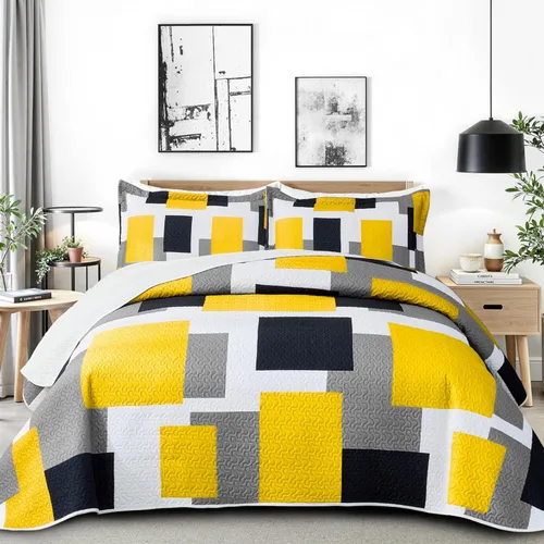 Vista 13 de Tyrot Juego de edredón de 2 piezas, color azul, blanco y gris, tamaño individual, juego de ropa de cama reversible geométrico negro y blanco, colcha