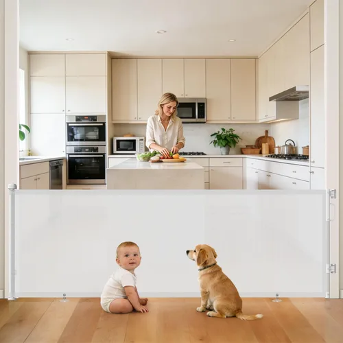 Vista 23 de Puertas de malla retráctiles para bebés y mascotas; para escalera, pasillos, terraza, porche, interiores y exteriores; elementos de seguridad; Beige