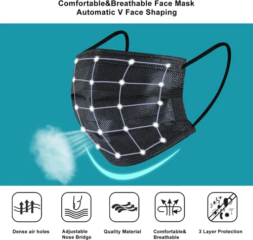 Vista 3 de akgk 200 máscaras faciales desechables, máscara negra, mascarillas desechables de 3 capas