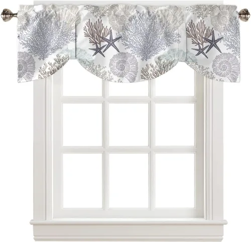 Vista 25 de Cenefa de amarre para ventanas, cortinas náuticas costeras de coral, cenefas con bolsillo para barra, cortinas de ventana con temática de playa