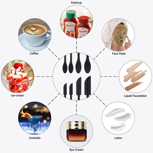 Vista 7 de Juego de espátulas de silicona mini – 4 raspadores de maquillaje pequeños para cosméticos, herramientas pequeñas de belleza reutilizables, raspador
