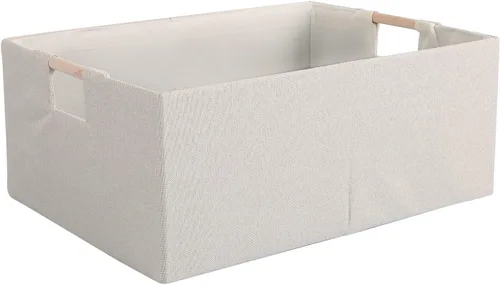 Contenedor de tela plegable de algodón y lino con asas de madera, cubo rectangular, organizador de lavandería para el hogar, contenedor para mantas,