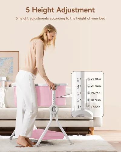 Vista 4 de Larex Cuna para bebé con mosquitera, bolsa de almacenamiento y canasta, 5 alturas ajustables, ruedas móviles, colchón transpirable y malla (rosa)