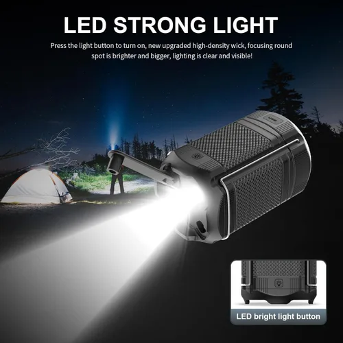 Vista 5 de Linterna de camping 5000mAh Solar con manivela telescópica, linterna LED recargable con USB, carga para cortes de energía, lámpara de batería