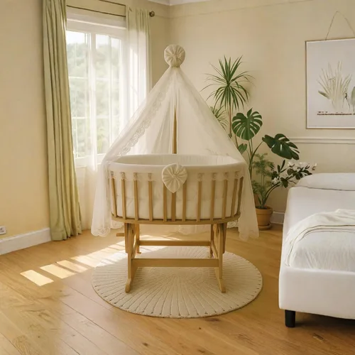 Vista 6 de Moisés de madera para bebé con dosel, cuna de haya natural con función de balanceo y bloqueo, incluye juego de ropa de cama 100% algodón, colchón