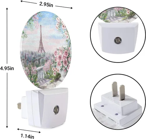 Vista 7 de EKOBLA Acuarela Torre Eiffel Luz Nocturna Flores Rosas en el Balcón Francia París Punto de Referencia Luces Nocturnas con Enchufe Sensor Automático