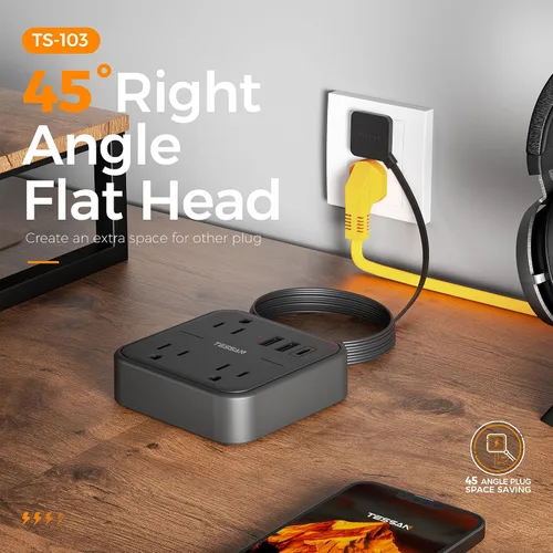Vista 7 de TESSAN Regleta delgada con cable de extensión plano ultrafino de 5 pies Negro