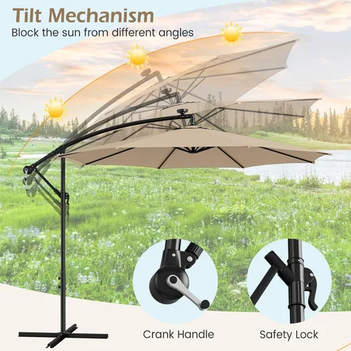 Vista 5 de Tangkula Sombrilla solar de 10 pies, sombrilla colgante inclinada en voladizo con 112 luces LED de lluvia de meteoros, con manivela, sombrilla