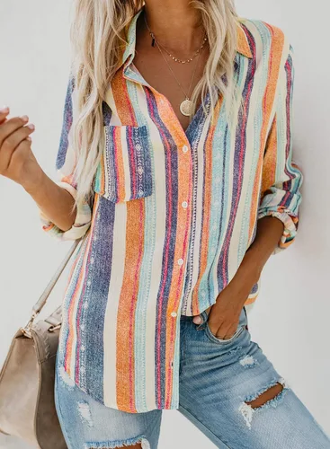 Vista 5 de Astylish Blusa con botones y manga enrollable, cuello en V, a rayas, para mujer