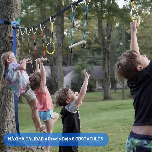 Vista 4 de Carrera de obstáculos Ninja Warrior para niños, kit de línea floja de 2 x 56 pies con 8 accesorios ninja + hebillas de ajuste rápido, barra de mono