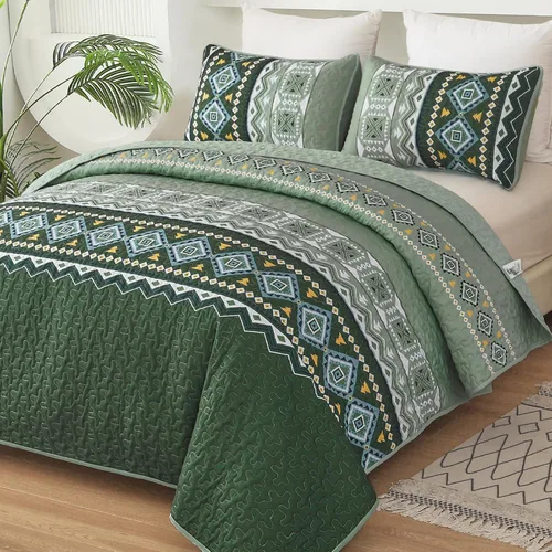 Vista 12 de WONGS BEDDING Juego de edredón bohemio de color beige, tamaño Queen, juego de colcha con estampado geométrico con 2 fundas de almohada, juego