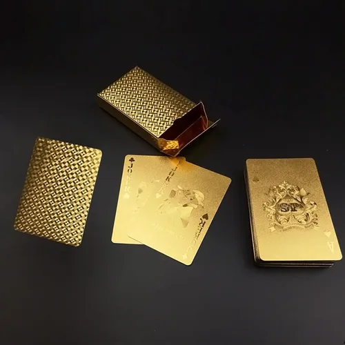 Vista 5 de Baraja de cartas de papel de aluminio de oro de 24 quilates, perfecta para póquer, bromas prácticas y regalos de fiesta. Navidad, Halloween, regalo