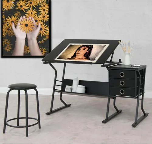 Vista 2 de Eclipse Ultra - Mesa de dibujo con taburete, parte superior ajustable en ángulo, estantes de almacenamiento y cajones de 2 piezas