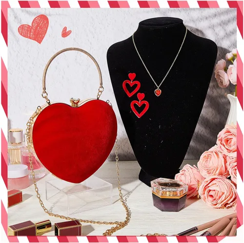 Vista 4 de Kigeli 3 piezas de bolso de noche con forma de corazón para el día de San Valentín, doble colgante, aretes de corazón, collar con colgante