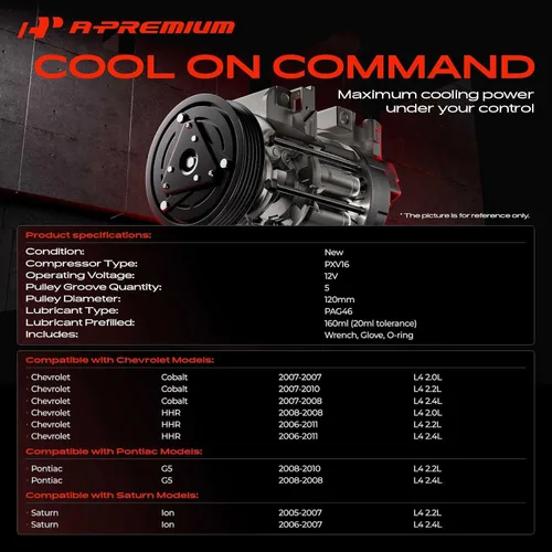 Vista 2 de A-Premium Compresor de aire acondicionado con embrague compatible con Chevrolet HHR 2006-2011, Chevy Cobalt 2007-2010, Saturn Ion 2005-2007, Pontiac