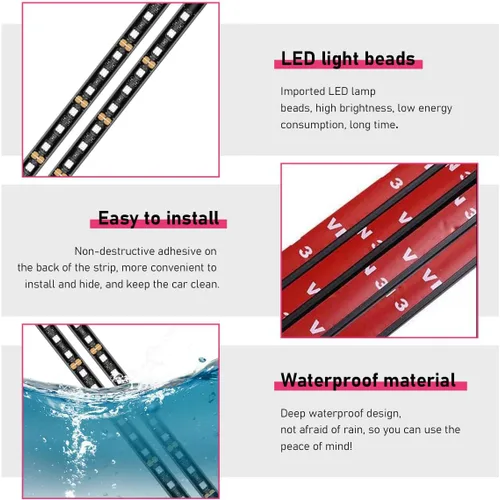 Vista 4 de Tira de luz LED para coche, 24 LEDs RGB neón para interior, luz ambiental nocturna de 12V debajo del salpicadero, lámpara decorativa