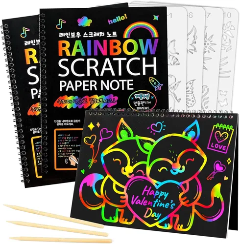 Mocoosy 3 Pack Rainbow Scratch Art Paper Notebooks, Spiral Bound Magic Scratch Pads for Kids Arts Crafts Supplies, Black Sketch Note Coloring