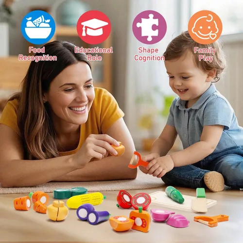 Vista 5 de Juego de comida de madera para niños pequeños, juguetes de simulación, accesorios de cocina, juego de corte de verduras para niños, regalo