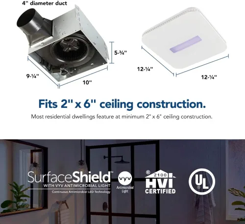 Vista 2 de Broan-NuTone AR110LKVV SurfaceShield Vital Vio Ventilador de escape con alimentación LED Luz blanca y luz violeta, 110 CFM, blanco