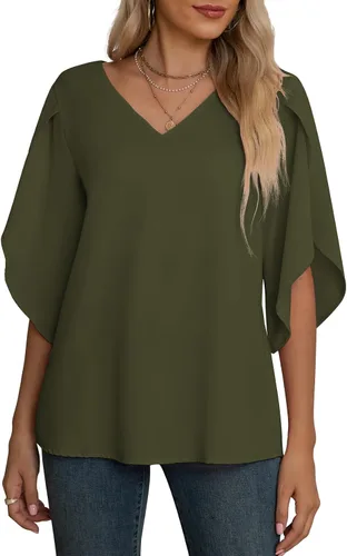 Vista 5 de Blusas de gasa con mangas 3/4 arrugadas de otoño para mujer de Jouica 01amy Verde