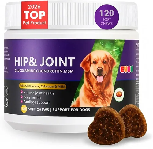 Glucosamina Condroitina MSM - Tabletas masticables para perros - Suplemento de apoyo para cadera y articulaciones con vitaminas, sabor a pollo,