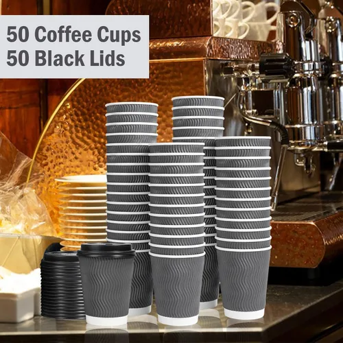 Vista 22 de Lamosi 500 Pack - 12 oz Insulated Disposable Coffee Cups with Lids, To Go Paper Coffee Cups with Lids, Corrugated Ripple Wall Cup for Hot Drink
