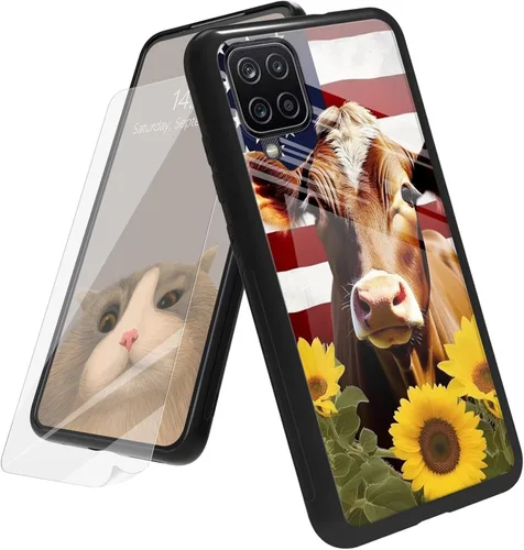 Vista 231 de Funda para Samsung Galaxy A12 5G con protector de pantalla, parte trasera de vidrio templado + TPU de silicona suave que absorbe los golpes