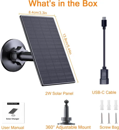 Vista 6 de Zivif Panel solar de 2 W para cámaras de seguridad, cargador solar con puerto micro USB y USB-C para cámara de seguridad de batería recargable
