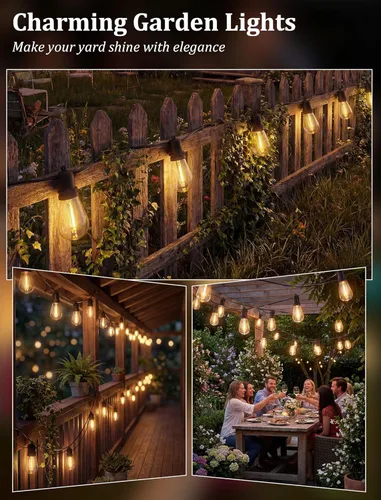 Vista 7 de Cadena de luces S14 para patio, 30 pies, para exteriores, con 11 bombillas LED transparentes (1 repuesto), luces colgantes impermeables
