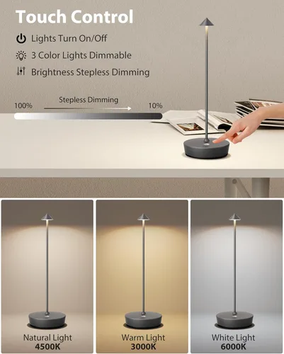 Vista 3 de Lámparas de mesa inalámbricas recargables, 6000 mAh, funciona con pilas, lámpara de escritorio LED para exteriores, impermeable, portátil, táctil