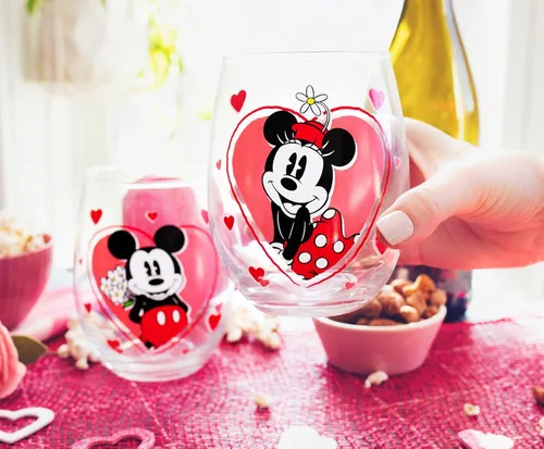 Vista 4 de Disney Minnie and Mickey Mouse Hearts - Copas de vino sin tallo, juego de 2 vasos para mimosas, cócteles, cada uno tiene capacidad para 20 onzas